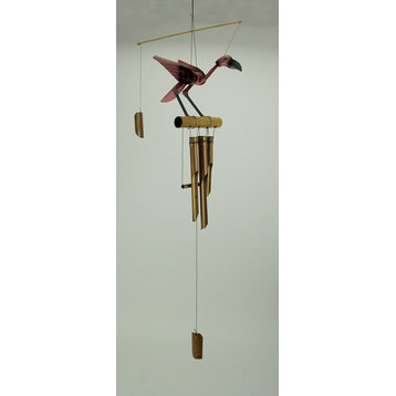 Hand Carved Wood and Bamboo Bobbing Head Pink Flamingo  Wind Chime