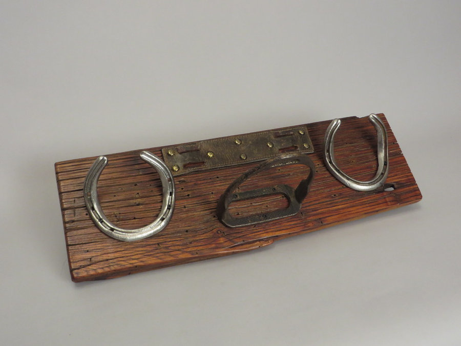 #R15069 Coat Rack Reclaimed American Chestnut, horseshoes, stirrup, leather.
