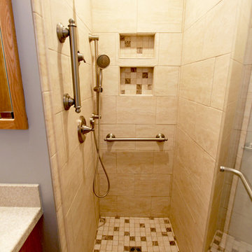 Small Bathroom Remodel with Corian Countertop, Beige Tiled Shower ~ Copley, OH