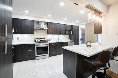 Mid-sized trendy l-shaped porcelain tile and white floor eat-in kitchen photo in Toronto with a double-bowl sink, flat-panel cabinets, brown cabinets, quartz countertops, white backsplash, quartz backsplash, stainless steel appliances, an island and white countertops