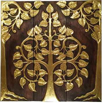 Asian Wood Sacred Fig Tree Relief Wall Art Panels.Gold Wood Carved Decor, 36"x36