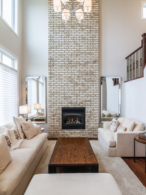 Whitewashed brick fireplace