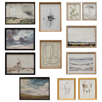 Eclectic Wood Framed Landscapes, Botanicals, and Abstract Images, 12-Piece Set