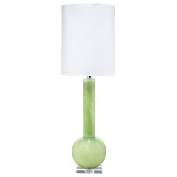 Studio Table Glass Lamp, With Tall Thin Drum Shade, Green