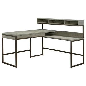 Modern Corner Desk, Black Iron Frame & Several Open Compartments, Mystic Oak