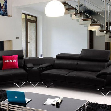 Black Leather Sectional Sofa with Cup Holders