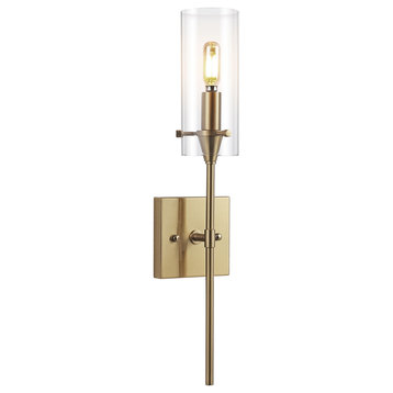 Cato 4.5" 1-Light Bohemian Farmhouse Iron/Glass LED Sconce, Brass Gold/Clear