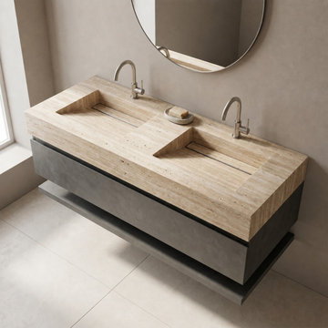 Beige Vein-Cut Travertine Double Rectangular Vanity Top Sink