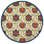 Nourison - Nourison Aloha 7'10" Round Blue/Multicolor Contemporary Area Rug - Bring a bright and sunny vibe to your patio or deck with this indoor/outdoor rug from the Aloha Collection. Floral blooms and vines in blue, green, and orange multicolor are woven onto a base of ivory in a high-low style that offers an intriguing textural effect. This colorful indoor/outdoor rug is machine made from premium stain-resistant fibers for premier durability and easy cleaning - simply hose rinse and air dry!