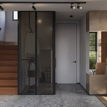 Glass-enclosed staircase with black perforated-metal panels, Kirkland WA