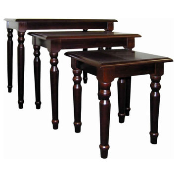 3 Piece Wooden Nesting Tables With Turned Tapered Legs, Cherry Brown