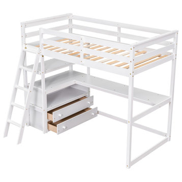 Gewnee Twin Size Loft Bed with Desk and Shelves in White