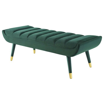 Accent Upholstered Bench, Angled Legs With Channel Tufted Velvet Seat, Green