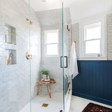 emily henderson's classic modern master bathroom with weathered white subway