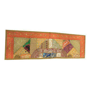 Mogul Interior - Consigned Antique Fabric, Orange Sequin Embroidered Tapestry - Table Runners