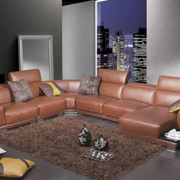 Modern Brown Leather Sectional Sofa with Retractable Headrests