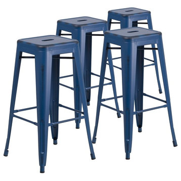 30" High Backless Distressed Antique Blue Indoor/Outdoor Barstools, Set of 4