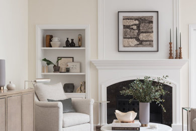 Inspiration for a mid-sized transitional dark wood floor and vaulted ceiling living room remodel in Chicago with white walls and a standard fireplace