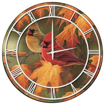 Wall Clock, Maple Leaves and Cardinals, 24"x24", White, Full Coverage Art