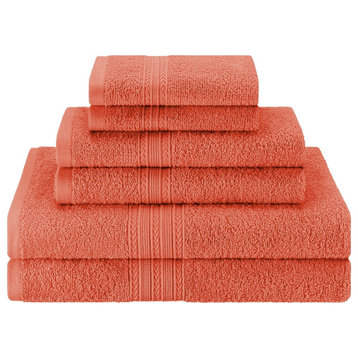 6 Piece 100% Cotton Washcloth Hand Towel Set, Coral