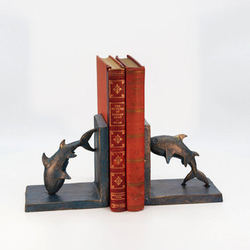 Dolphin Bookends Sea Blue over Brass Metal Cast Iron Pair