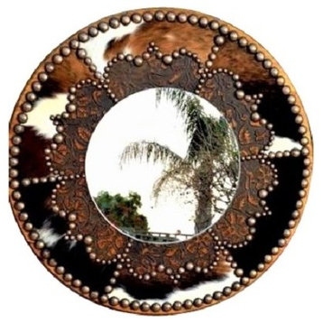 Cowhide and Leather Decorative Western Mirror, 24"
