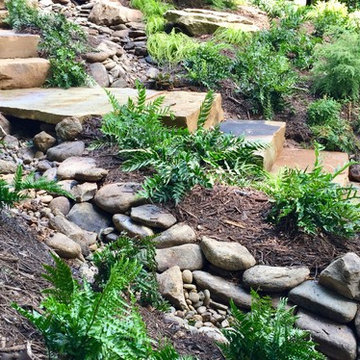 Creek bed under stone slab bridge