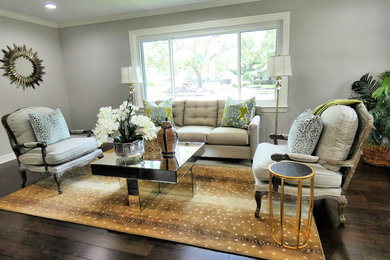 Medium sized formal enclosed living room in Houston with grey walls, dark hardwood flooring and brown floors.