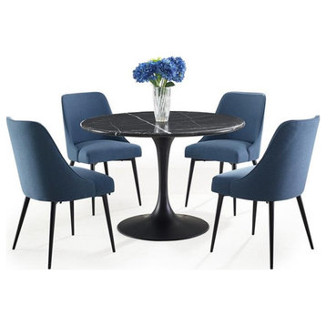 Colfax Black Marquina Marble 5-Piece Dining Set with Blue Chairs