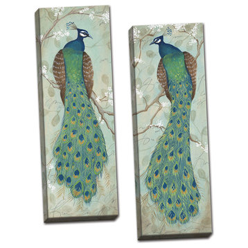 Majestic Peacock Canvas Wall Art; Set of Two 12x36in Canvases
