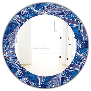 Blue Pattern With Fantastic Fishes Frameless Round Wall Mirror, 32x32