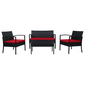 Teaset 4-Piece Black Wicker Patio Conversation Set Rattan with Red Cushions