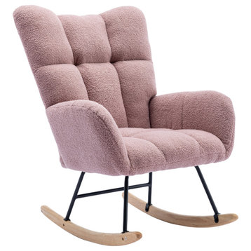 TATEUS Solid Wood Plush Velvet Nursery Rocking Chair for Living Room, Pink