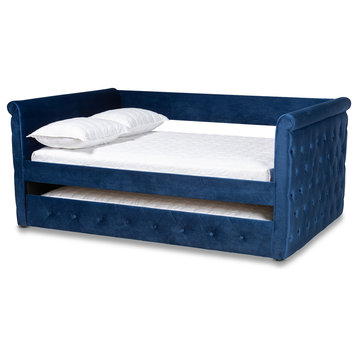 Alana Contemporary Velvet Daybed With Trundle, Navy Blue, Queen