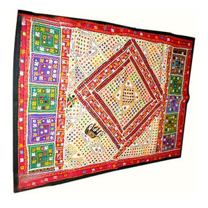Mogul Interior - Sari Tapestry Mirror Embroidered Wall Hanging - Tapestries