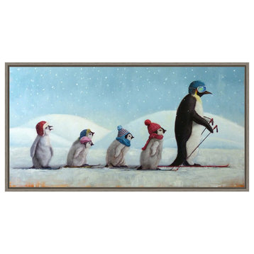 Canvas Art Framed 'Ski School Penguins' by Lucia Heffernan, Outer Size 27x14