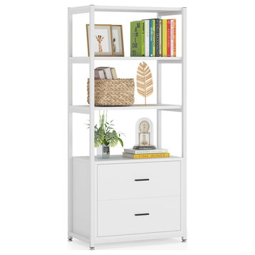 4-Tier Rustic Bookshelf With 2 Drawers, White