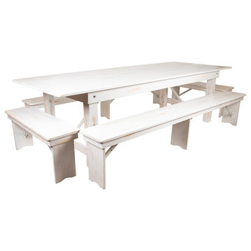Flash Hercules 9' x 40" Ant Rustic White Folding Farm Table & 4 Bench Set
