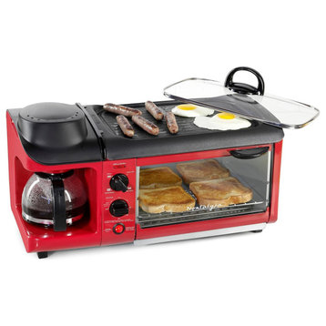 3-in-1 Breakfast Station - Includes Coffee Maker, Non-Stick Griddle, and 4-Slice, Red Breakfast Station