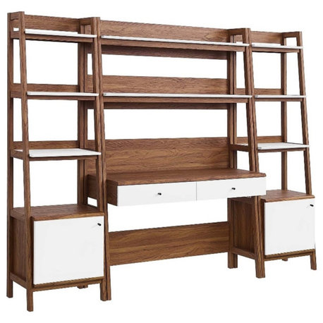 Modway Bixby 3-Piece Wood Office Desk and Bookshelf - Walnut/White