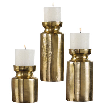 Rustic Antique Style Brass Pillar Candle Holder Set 3 | Classic Traditional Gold