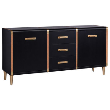 Hector Three Drawer and Two Door Trunk Sideboard Matte Black, Gold Finish