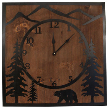 Black Iron and Stained Wood Wall Clock With Etched Bear Scene
