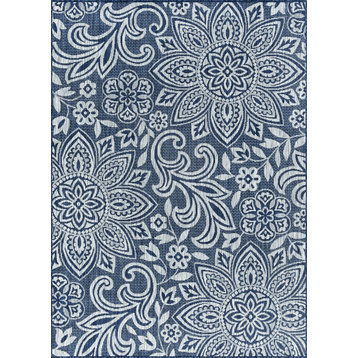 Savine Transitional Floral Navy Light Gray Indoor/Outdoor Rectangle Area Rug 5x8