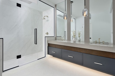 Large transitional master white tile double-sink double shower photo in Toronto with white walls, quartz countertops and gray countertops