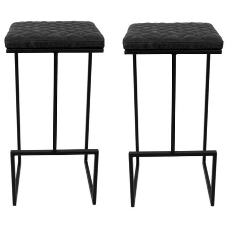 Quincy Set of 2 Modern Leather Square Barstool with Footrest for Home & Bar, Charcoal Black