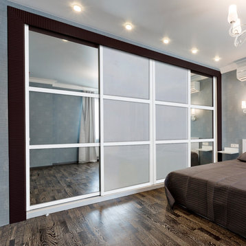 4 Leafs Sliding Bypass Closet Door with Mirror & Frosted Glass Insert, 144"x84" Inches