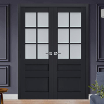 Interior French Double Doors 72 x 96, Veregio 7339 Antracite & Frosted Glass