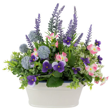 12" Artificial Lavender and Mixed Spring Floral, Weathered Ceramic Pot