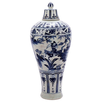 Vase Warrior Riding Horse Asian Plum Lidded Blue Colors May Vary